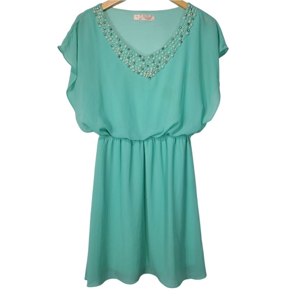 Prevett Jeweled Neck Line Blue Short Sleeve Dress